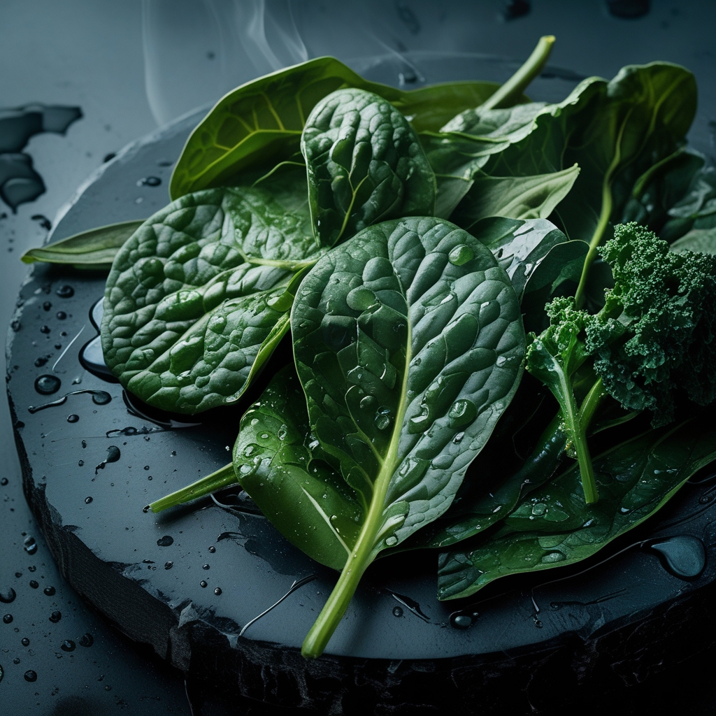 Close-up of dark green leafy vegetables including spinach and kale leaves with water droplets on a dark stone surface under cool diffused studio light, showing rich texture and deep organic colour