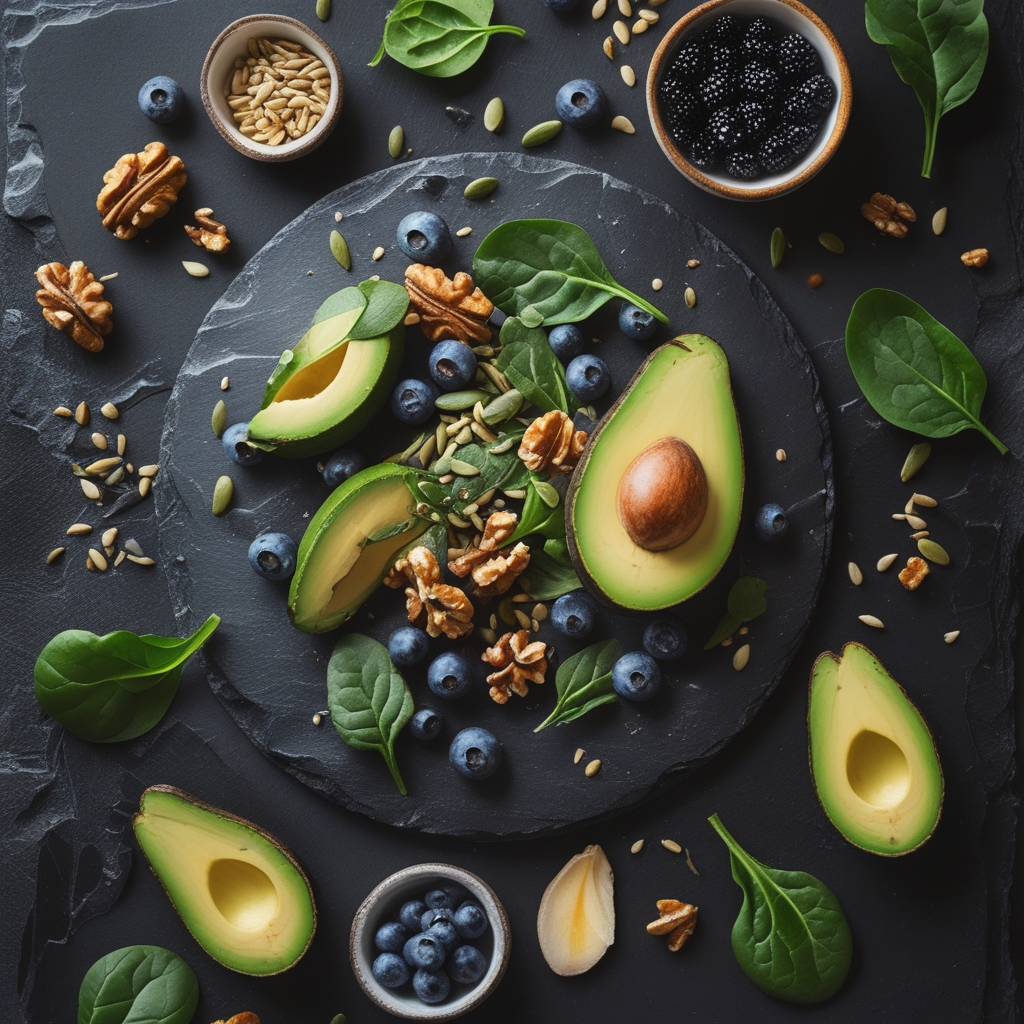 Close-up of a variety of colourful whole foods including sliced avocado, walnuts, blueberries, leafy spinach and seeds arranged on a dark slate surface with warm directional lighting emphasising texture and depth